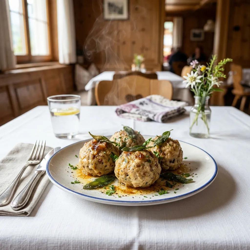 Prato de canederli fumegante em uma mesa de madeira rústica em uma trattoria alpina.